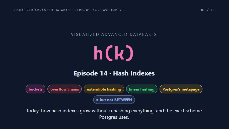 Title card of Episode 14: Hash Indexes