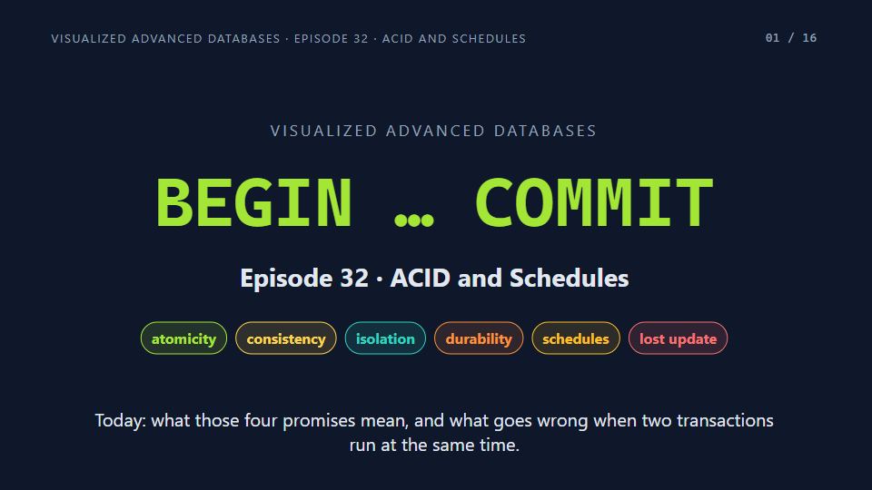 Title card of Episode 32: ACID and Schedules
