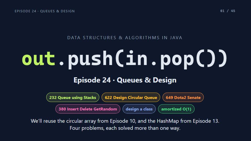Title card of Episode 24: Queues & Design